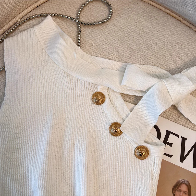 Elastic Knitted Top Women Y2K Tank Top One Shoulder Vest Female Sleeveless Sweater Chic Cut Out Streetwear Solid Skinny Tube Top 250320