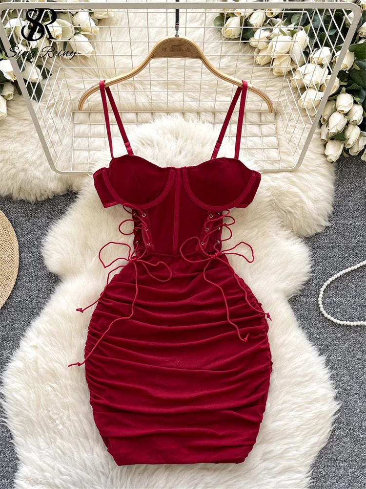 SINGREINY Summer Short Strap Dress Ladies Strapless Lace Up Hollow Out Pleated Slim Fit Print Sexy Clubwear Bodycon Dress 250317