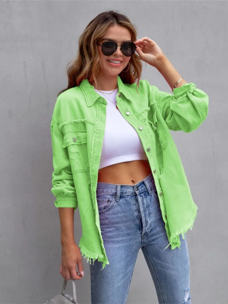 Autumn and Winter Womens Denim Jacket Fashion Grinding Edge Piercing Long Sleeve Single Chest Casual Collar Top 250317