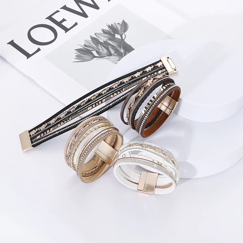 Fashion Elephant Pendant Hand-woven Leather Bracelet Ladies Ins Style with Rhinestone Magnet Clasp Bracelet 250320