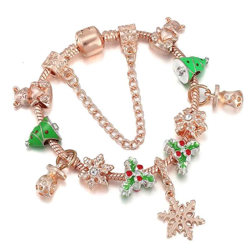 2024 Trendy Rose Gold Bells Pendant Charm Bracelets on Hand With Santa Claus Beads Bracelet For Women Kids Xmas Jewelry Hot Sale