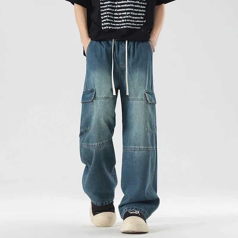 New Mens Work Jeans Spring Collection Elastic Waist Work Pants Loose Straight Wide Legs Street Hip Hop Backpack Fashion PantsT250319