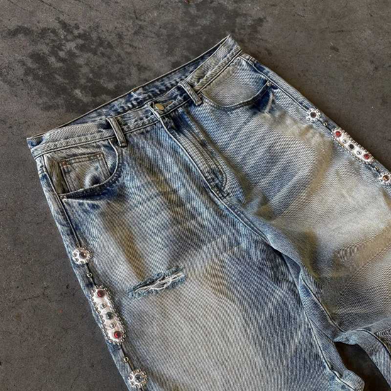 Baggy Embeddished Jeans Y2K high-quality 20 ounce fashionable mens and street womens clothing Harajuku retro high street straight Distressed JeansT250