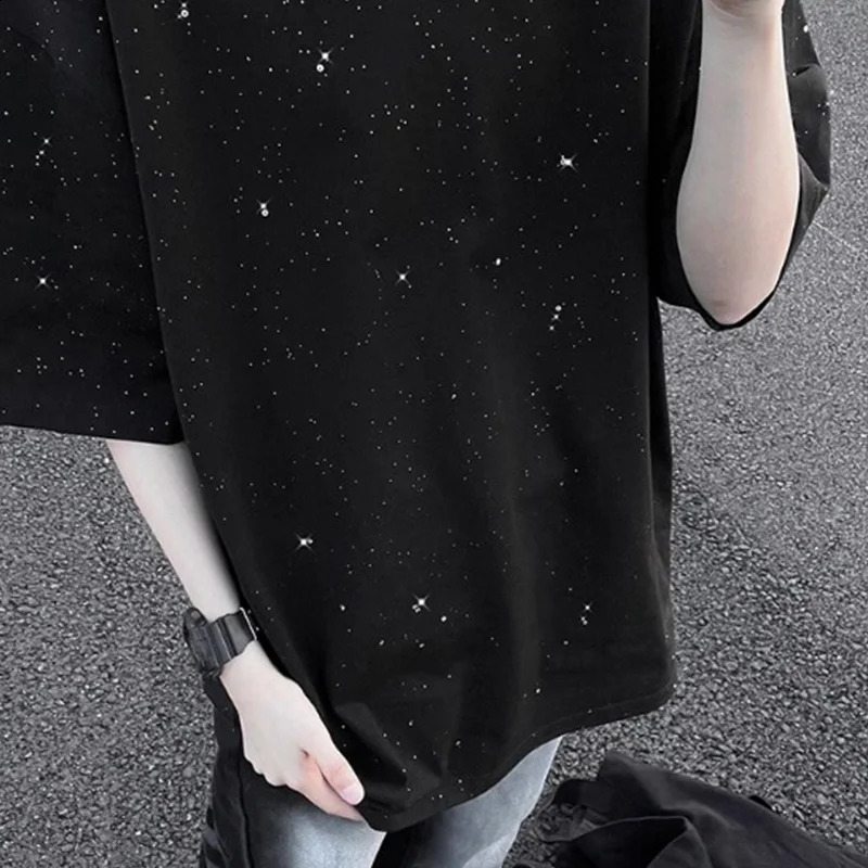 Summer Rhinestone Rivet T-shirt for Men Clothing Round Neck Casual T-shirt Fashion High Street 2025 Mens Summer Short Sleeves 250319