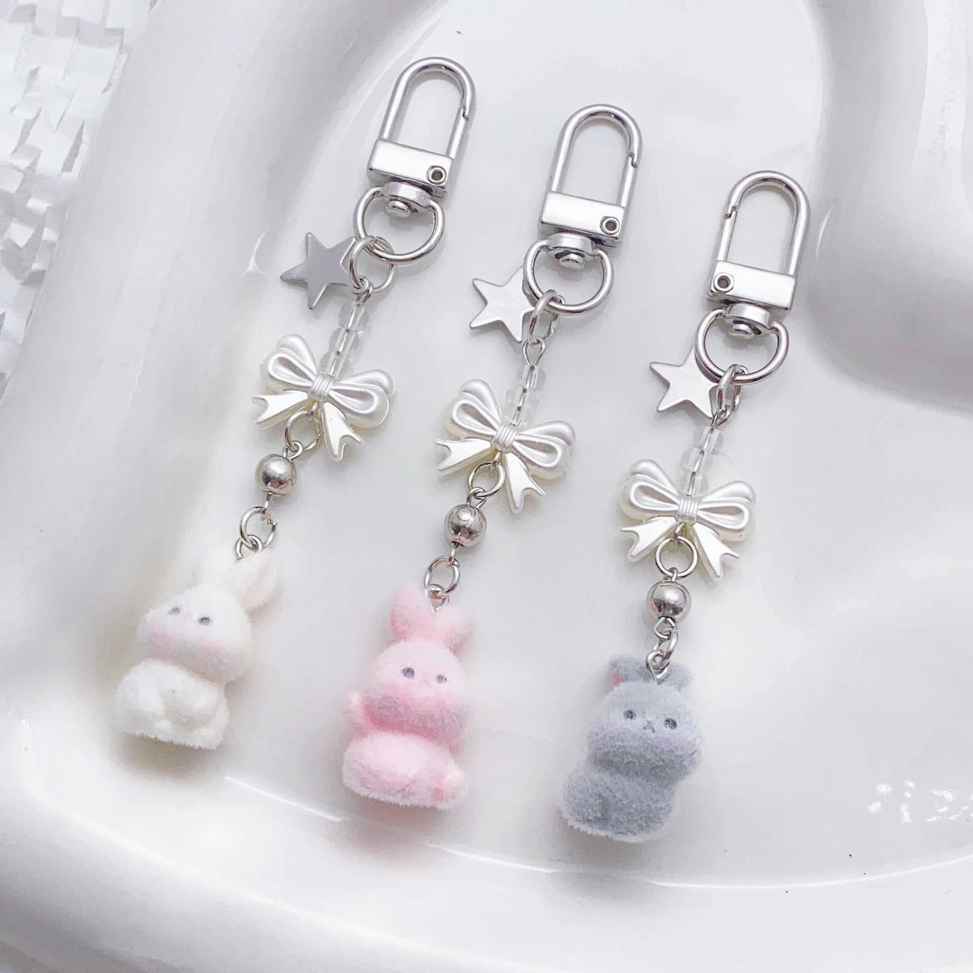 Cute rabbit keychain spotted rabbit keychain Y2k bow pendant phone chain bag charm girl jewelry giftXJ250319