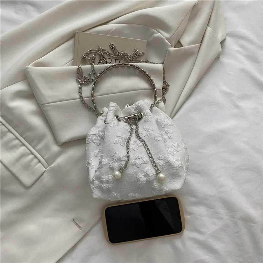 Fashionable shoulder bag fashionable round handheld chain dry bucket bag pleated floral design exquisite cross shaped bag for women Y250319