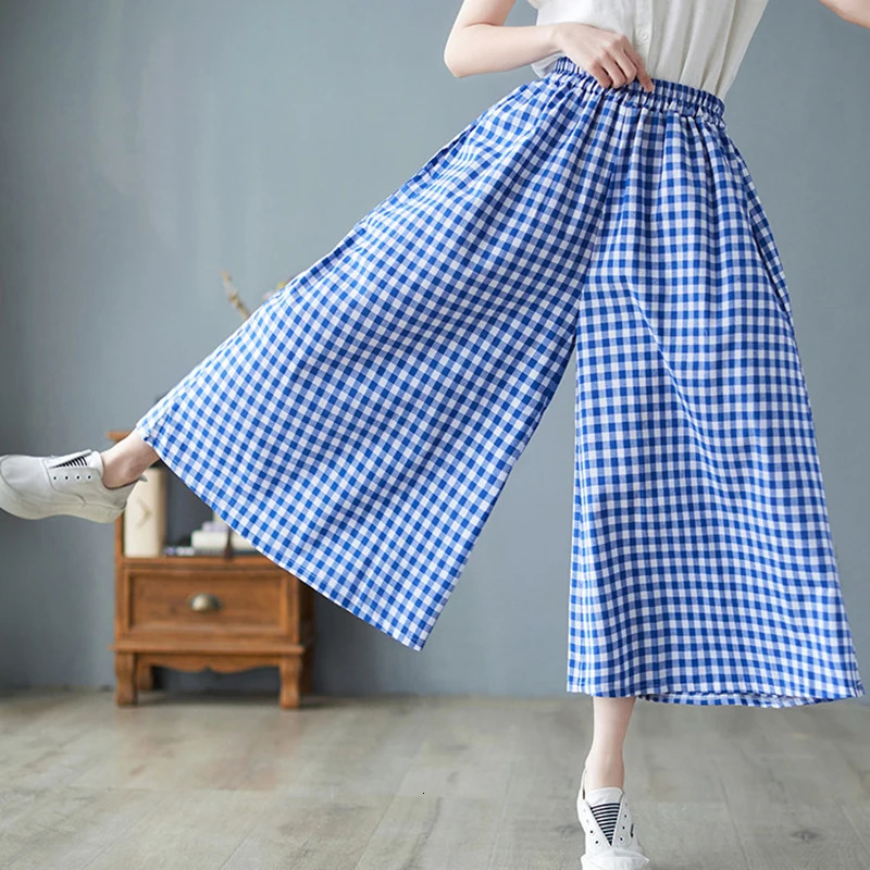 Elegant Woman Dress Plaid Pants Thin Cotton Linen Wide Leg Trousers Women Summer High Waist Baggy Jogger Pants Sweatpants 250320