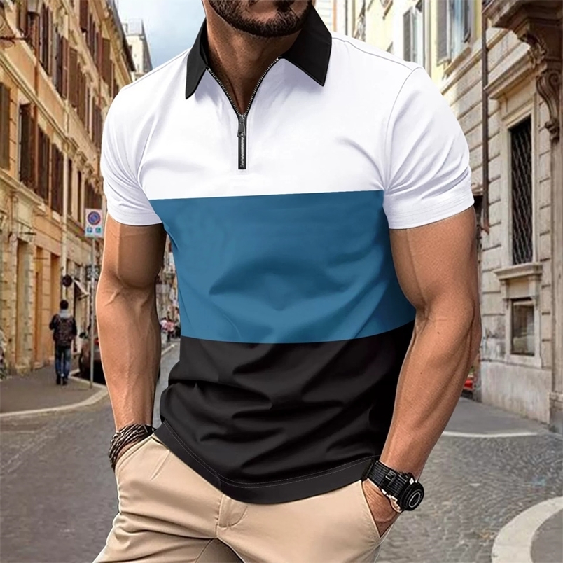 Mens Summer Short Sleeved Half Zip Polo Shirt Fashionable and Casual Business Blue and White Patchwork Color Polo Collar 250319
