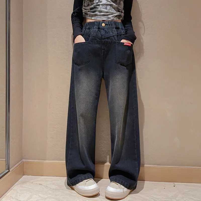 Girls wide leg jeans spring new childrens straight denim pants loose buttonsT250326