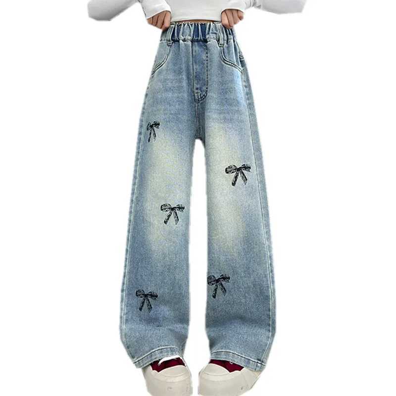 New Spring Autumn Kids Jeans with Bows For Girls High Street Straight Cut Denim Pants For Teens Child Casual Jeans Trousers 5-14T250326