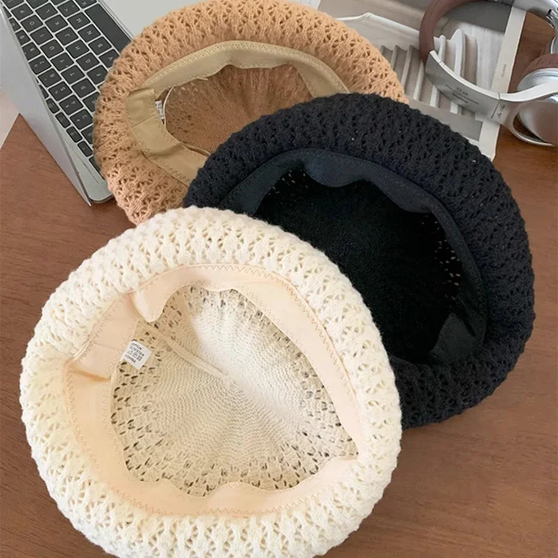 Spring Berets Breathable Permeability Knitting Beret Hat for Women Hollow Crochet Retro Fashion Painter Cap Ladies Hats 250320
