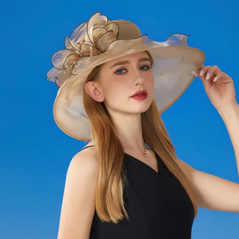 French Vintage Foldable Organza Flowers Hats Women Summer Ruffles Wide Brim Church Bridal Sun Hat Ladies Outdoor Styling Caps 250320