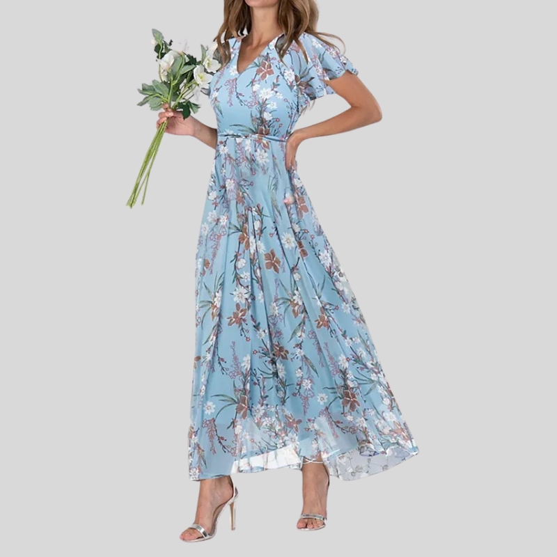 New beach pendulum long dress chiffon floral short-sleeved ruffle V-neck fashionable waist dress