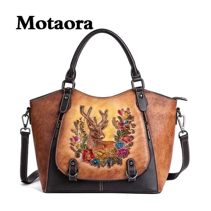 MOTAORA Vintage Genuine Leather Tote Bag For Women Large Capacity Handmade Cowhide Purse With Adjustable Strap