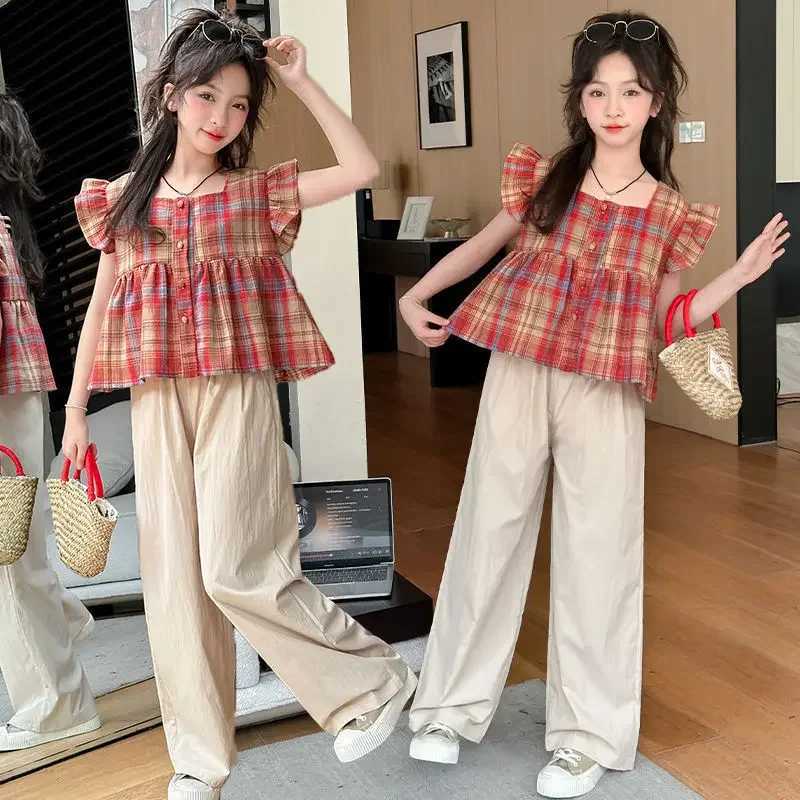 Girls summer flying sleeve short-sleeved doll suit 2024 new fashionable medium-sized big boy girl plaid two-piece set trendyT250320