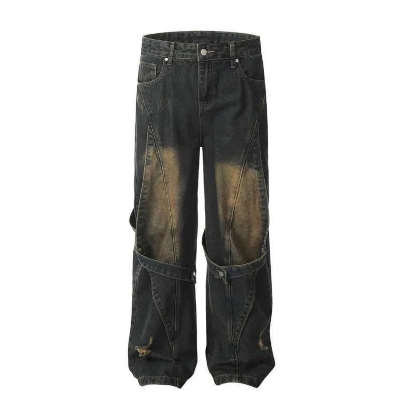 IEFB High Street mens denim pants washed in our ribbon patch work contrast color loose mens straight pants autumn 9C8650T250319