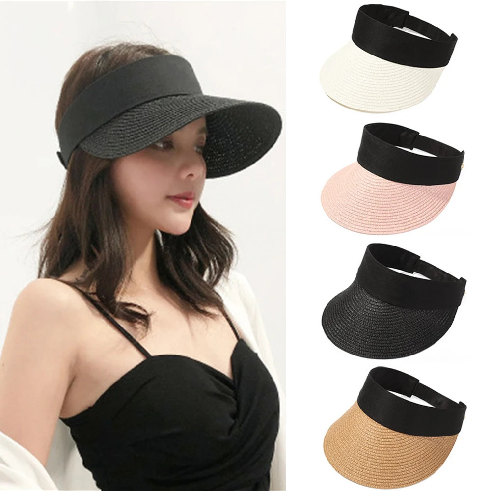 Foldable Portable Beach Hat Wide Brim Sun Hat Roll-up Summer Casual Straw Cap Visors For Women 250320