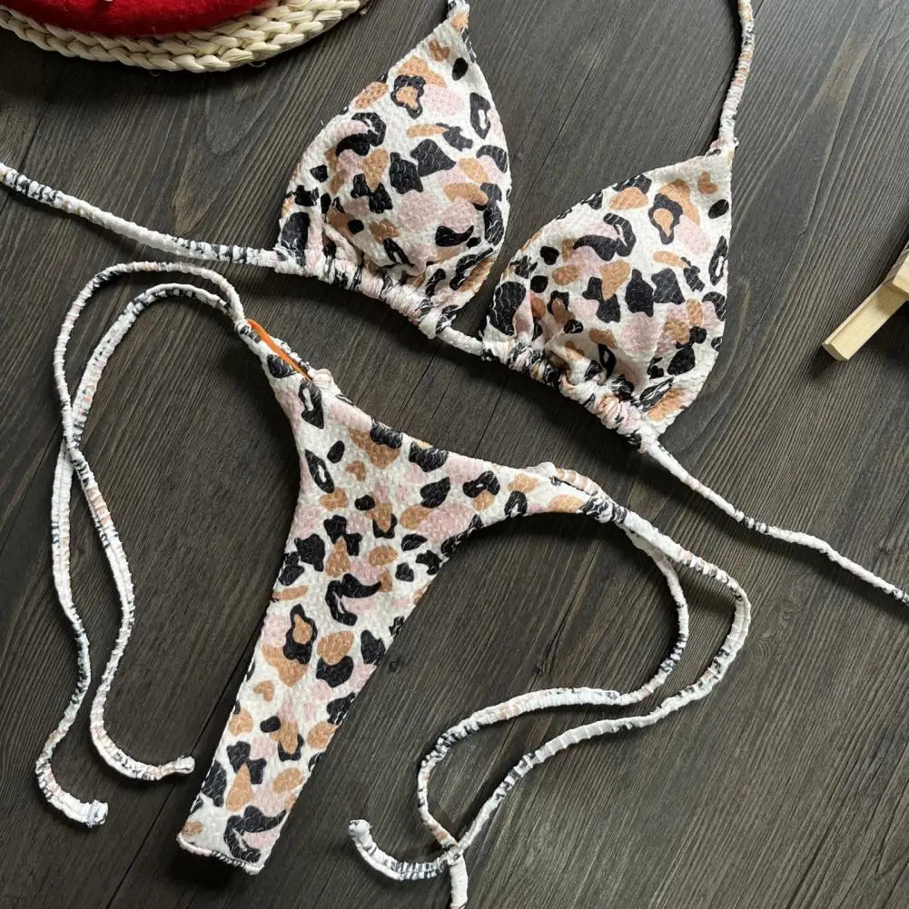 Breathable Swimsuit Leopard Print Halter Bikini Set Cherry Print Thong Swimsuit Sexy High Waist Lace-up Bathing Suit for Women 250319