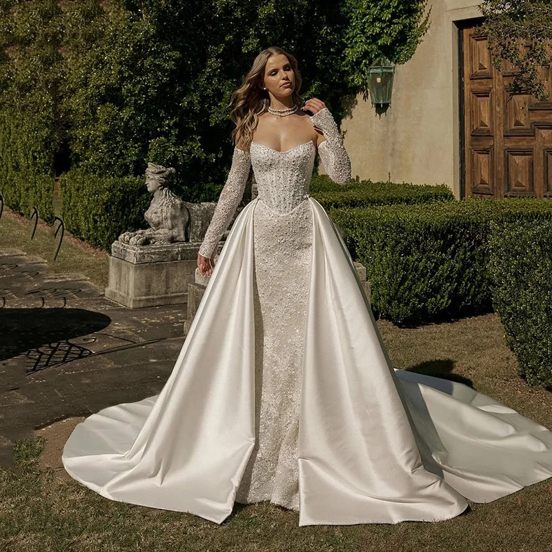 Elegant Women Wedding Strapless Removable Sleeves Bridal Gowns Sequins Pearls Detachable Train Dress Custom Made