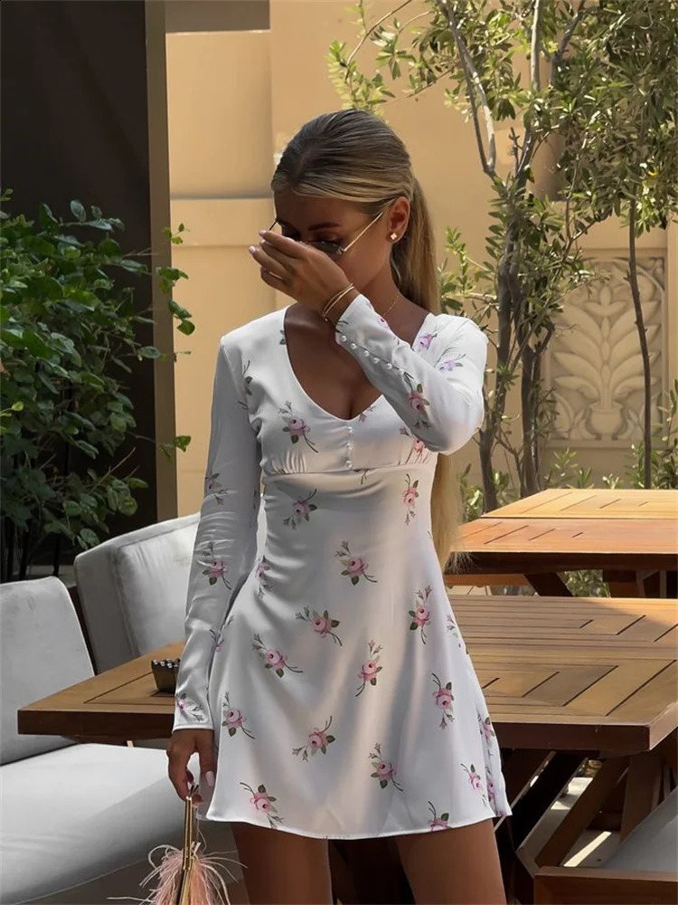 Fantoye sexy Vneck printed button long sleeved womens dress ultrathin fit zipper short streetwear 250319