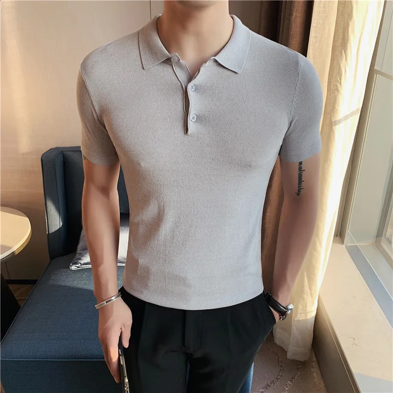 British style summer knitted polo shirt solid color slim fit elastic short sleeved mens business social polo streetwear 250317