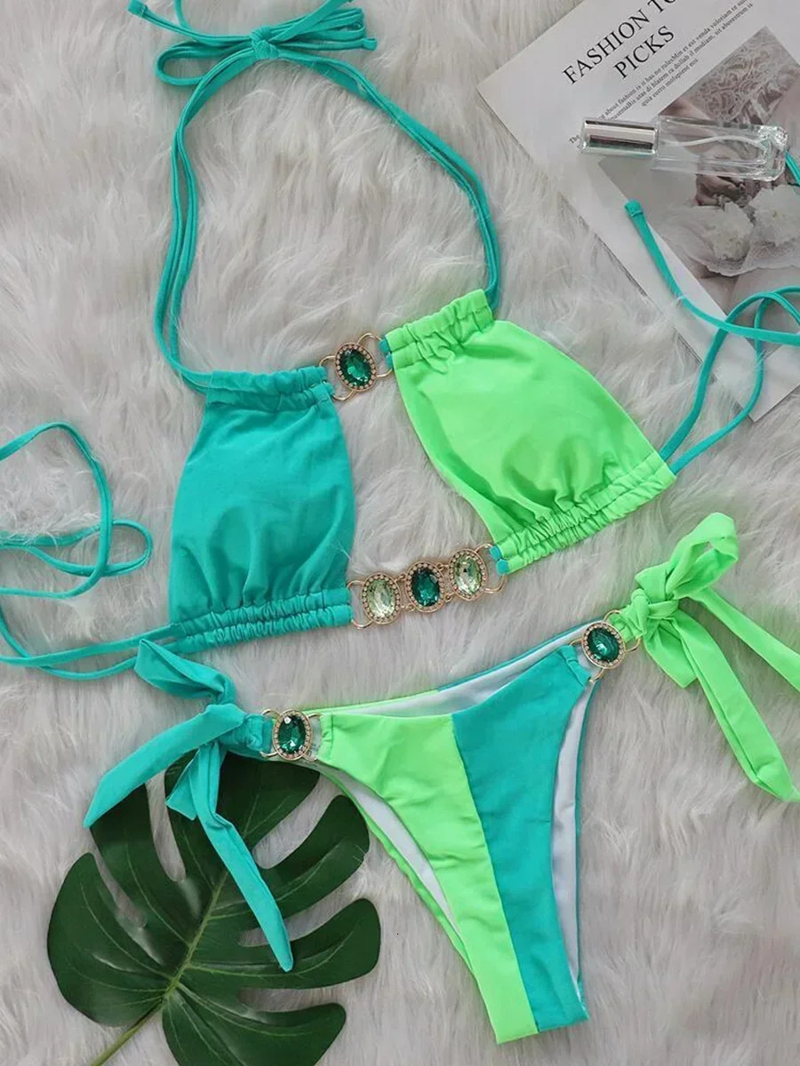 Splicing Halter Jewelled Diamond Bikini 2025 Women Swimsuit Female Swimwear Two Pieces Bikini Set Hollow Out Bathing Suit Swim 250320