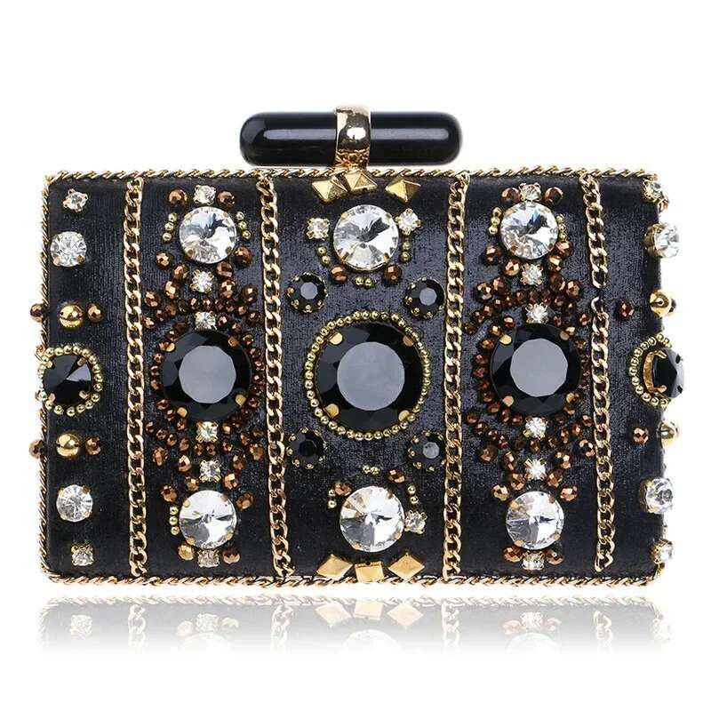 Women's Black Crystal Clutch Purse Formal Tail Party Evening Bag High Fashion Bead Dias Handbags Bolsa Feminina