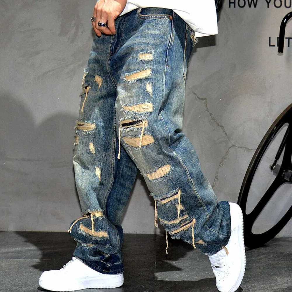 Mens Ripped Baggy Jeans Distressed Denim Streetwear Skateboard Pants Straight Leg Patchwork Oversized Urban Fashion WorkwearT250319