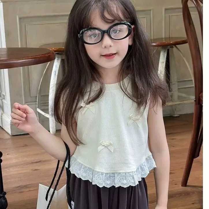 Summer fashion childrens tank top sleeveless bow lace hem plain weave childrens girls casual T-shirt childrens girls topT250320