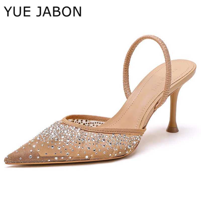 Nude Summer Womens Sandals Rhinestone Bright Mesh High Heels Footwear Elegant Slingback Pointed Slip on Party Lady Pumps ShoesC250319
