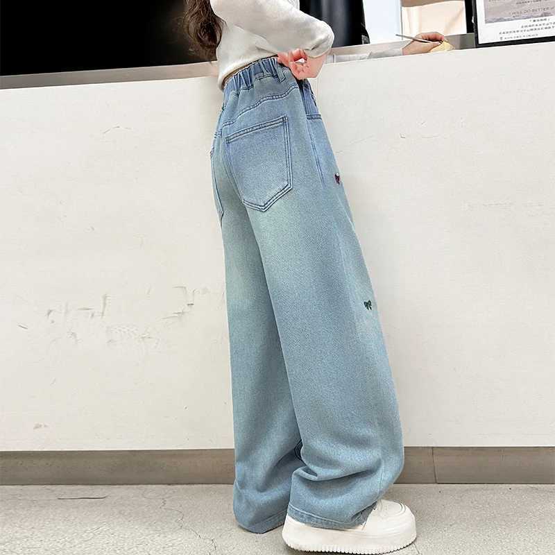 Childrens Fashion Girls Straight Jeans Elegant Bow Cute Denim Pants Bow Elastic Cute Spring Childrens Youth Jeans TrousersT250326
