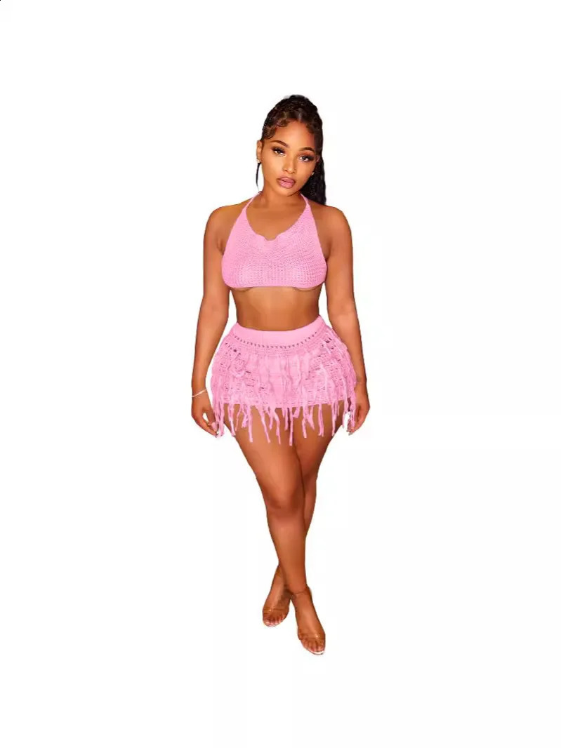 CM. YAYA Beach Holiday Knitted Crochet Tassel Womens Two Piece Set Bra Top and Mini Tight INS Street Dress Set 250318