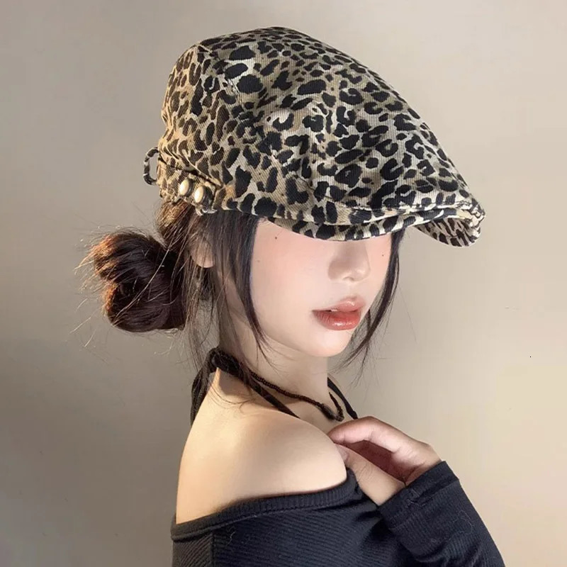 Retro Leopard Forward Hat for Women Y2K Kpop Girl Cotton sboy Duckbill Cap Adjustable Artist Painter Peaked Hats Visors 250320