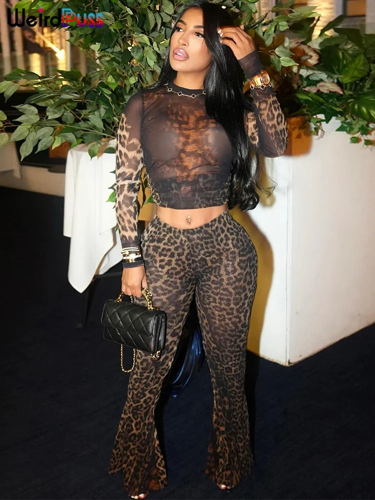 Weird Puss Leopard Print Sexy 2piece Set Women See Through Midnight Full Sleeve Crop TopPants Match Club Clothing Tight Clothes 250320
