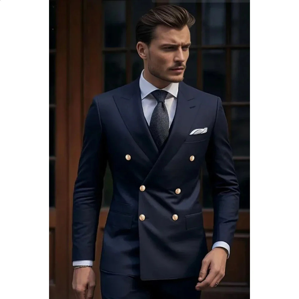 Mens Suit Navy Blue Lapel Double Breasted Elegant Groom Full Set 2 Piece Jacket Pants Skinny Costume Homme Terno 250311