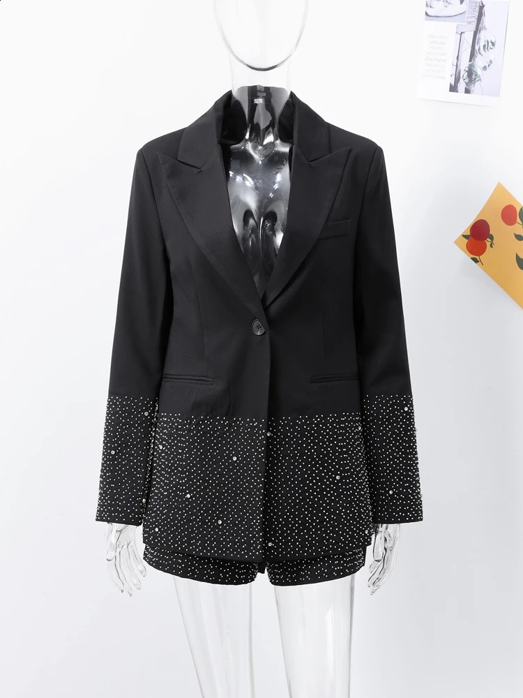 Elegant Rhinestone Jacket Sets Women Shinny Black Lapel Long Sleeve Button Jackets Mini High Waist Shorts Fashion Party Outwear 250318