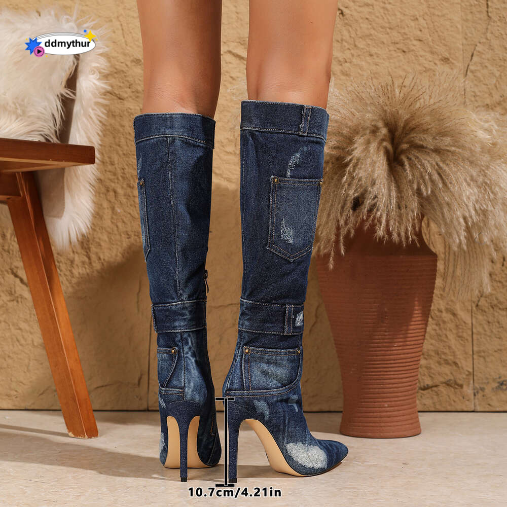 2024 oversized pointed high heeled boots, women's washed denim, sexy slim heel side zipper, knee length boots ddmythur
