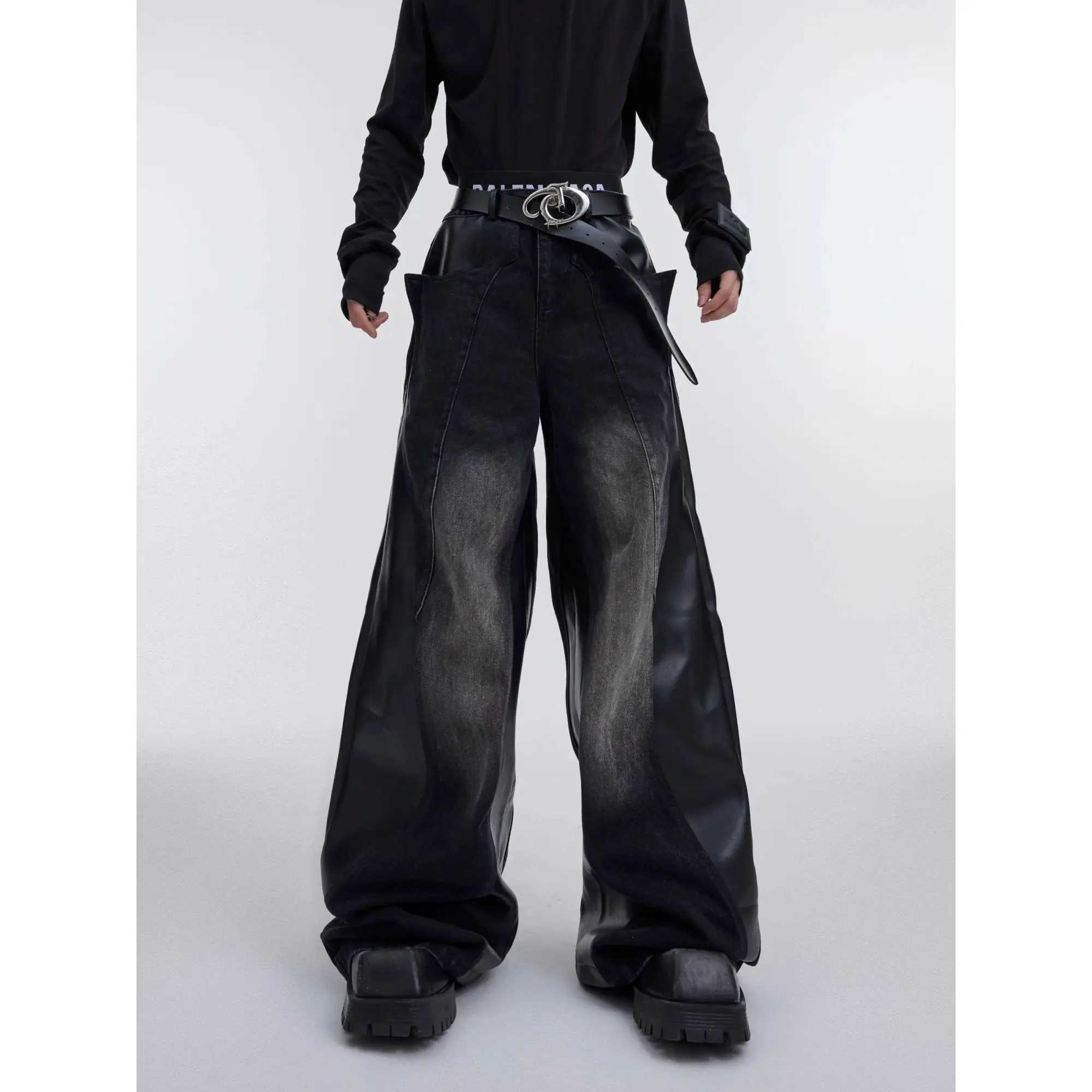 Y2k mens retro washed and spliced jeans new hip-hop punk PU leather pocket jeans casual black denim Trousers streetwearT250319