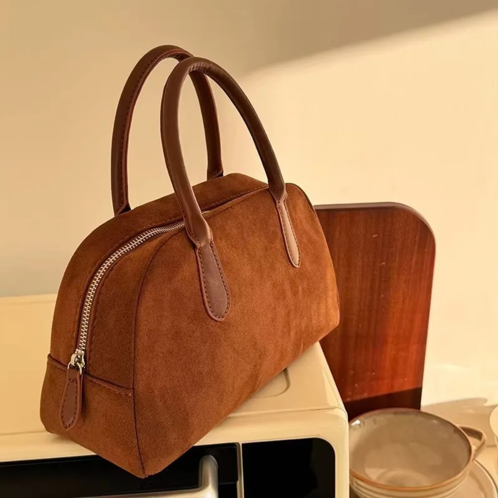 Brown suede Boston bag womens handbag Korean bowling bag premium pillow bag 250318