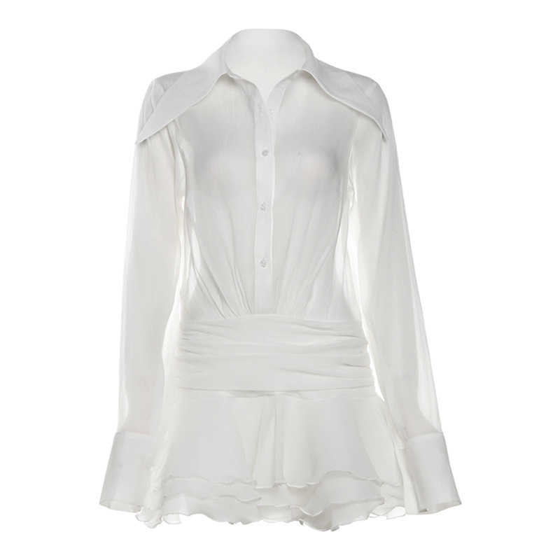 Spring Fashion Trendy Women's New Style Flip Collar V-neck Trumpet Sleeves Mesh Slimming Dress 250315