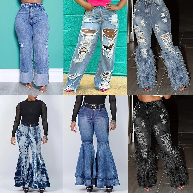 Plus Size Casual Denim Hollowed Out Wide Leg Pants Ripped Jeans 250319