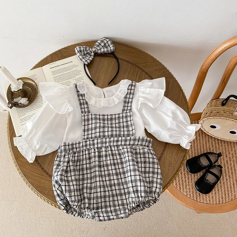 Fall Korean Baby Girls 2PCS Clothing Set Pure Cotton Long Sleeve Plain Strap Pants Preschool 250319