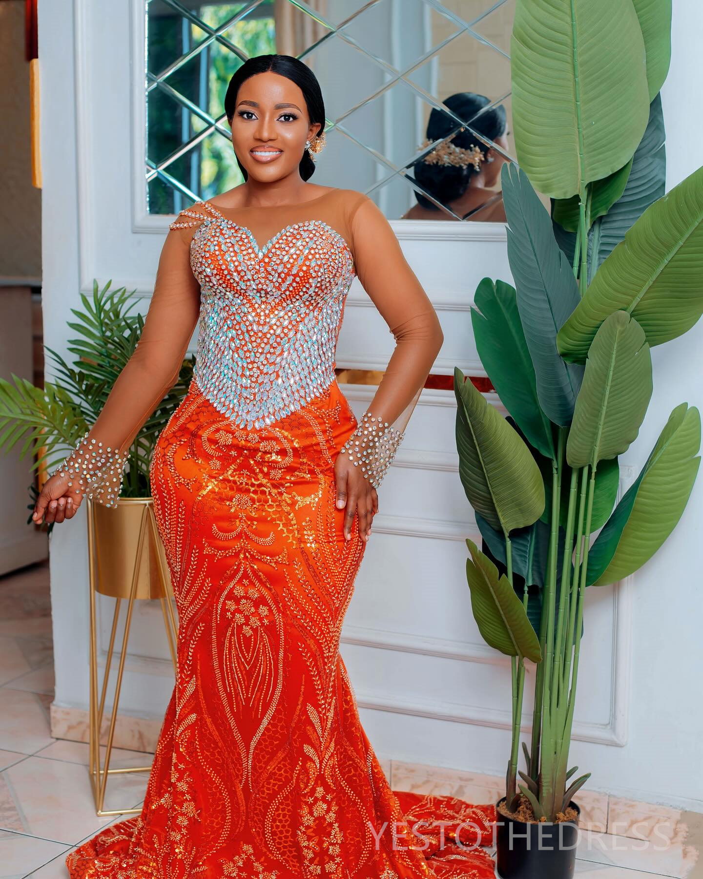 Plus Size Aso Ebi Orange Prom Dresses 2025 Mermaid Prom Dress For Special Occasions Sheer Neck Flora Illusion Beaded Lace Birthday Second Reception Go