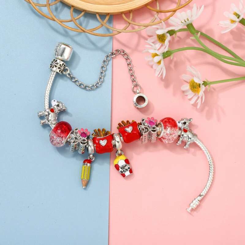 Silver Color Hamburg Fries Pendant Charm Bracelet With Brand Snake Chain Bracelets Bangles For Women DIY Jewelry Gift