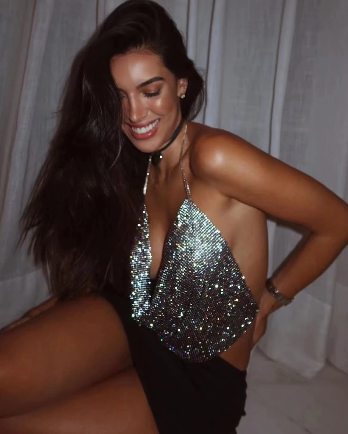 Sparkling Crystal Water Diamond Sexy Backless Crop Top Womens Birthday Party Metal Nightclub Tank 250319