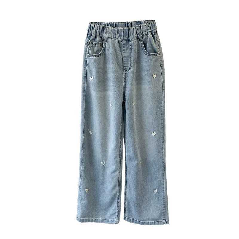Summer Girls Middle School Fashion Loose Solid Color Small Love Jeans Casual Pants Wide Leg Pants 4-10 Years OldT250326