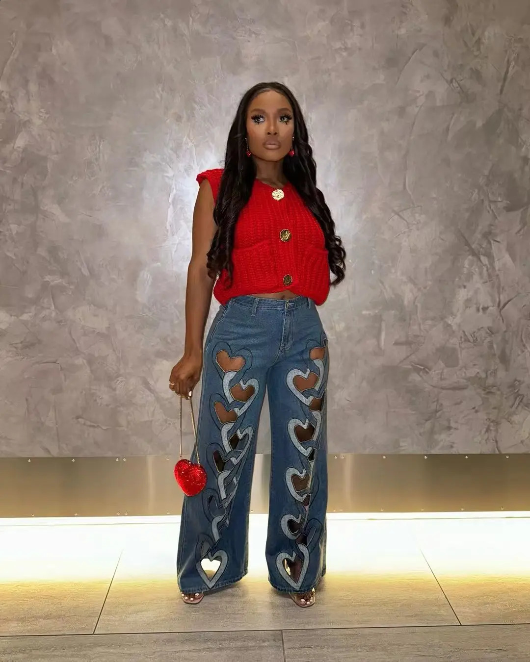 Wide leg jeans heart-shaped pants sexy womens high waisted elegant hollow denim straight pants 250314
