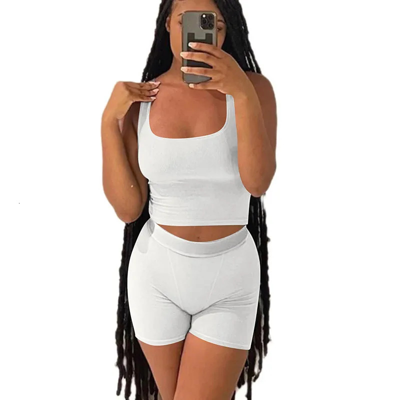 Casual Workout Sets 2 Piece Outfits for Women Ribbed Crop Tank Top High Waist Yoga Shorts Lounge Wear Tracksuit 250320