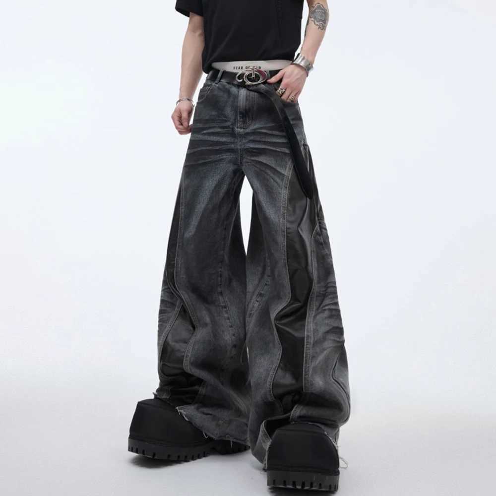 Mens jeans Pu leather splicing beard washing wilderness style casual pants streetwear fashion personality mens clothingT250319