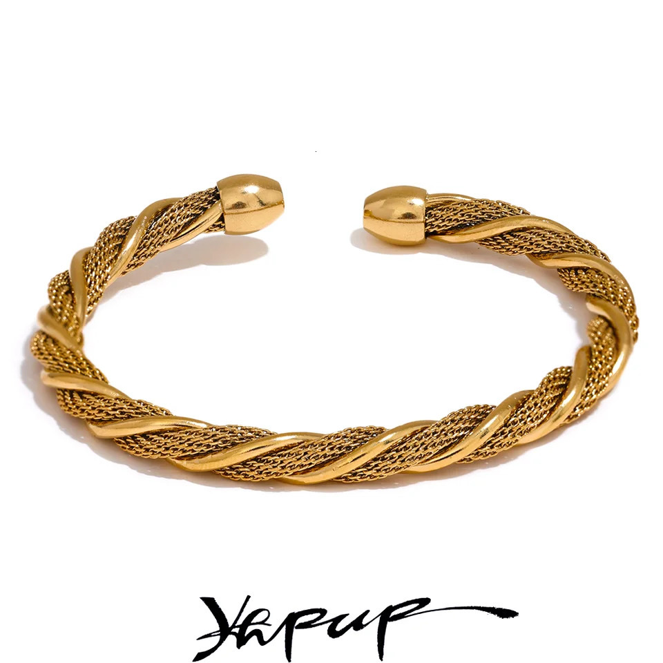 Yhpup Waterproof Stainless Steel Twisted Round Cuff Open Bracelet Bangle for Women Texture Metal Statement Jewelry Gift 250320